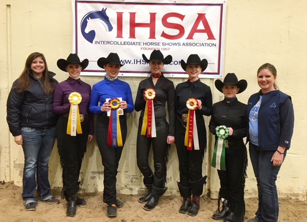 Equestrian team members pose with their ribbons after competing in two western shows and the IHSA Zone 8 Region 5 Championships Feb. 24-25 in Lincoln, Neb.